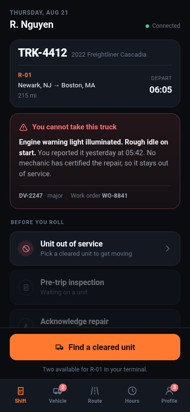 FleetPulse driver app showing an out-of-service vehicle workflow
