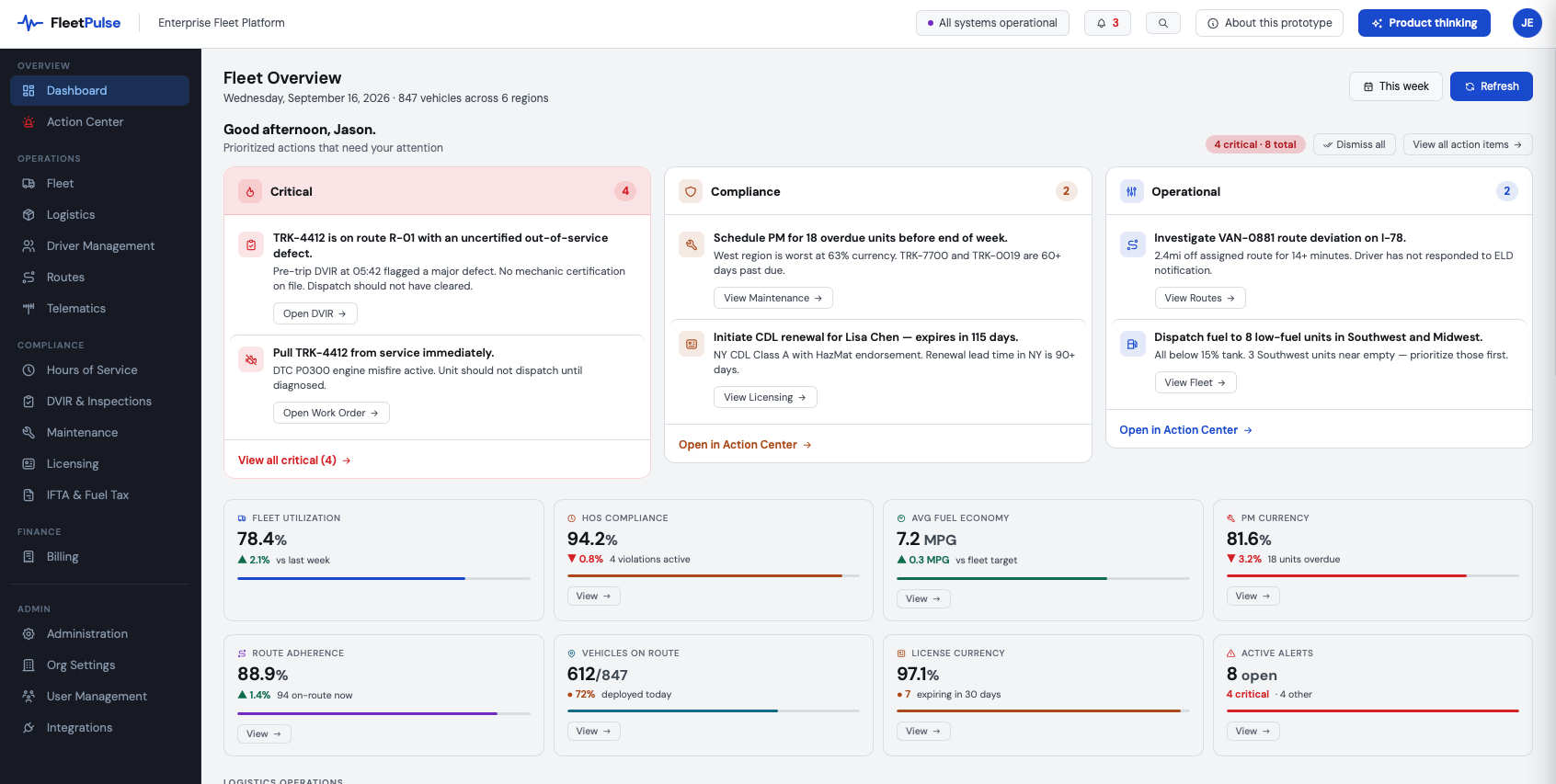 FleetPulse fleet manager overview screen